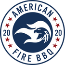 Logo of American Fire BBQ with an eagle design and red stars on a white background