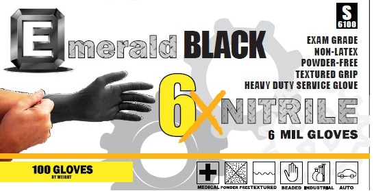 Emerald 6X Black XXL Nitrile Gloves packaging, featuring exam grade, non-latex, powder-free black nitrile gloves XXL.