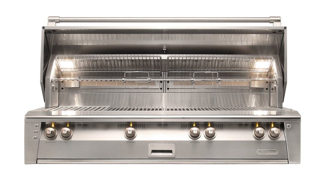 Stainless steel grill with open lid on a white background | American Fire BBQ & Grilling Supply