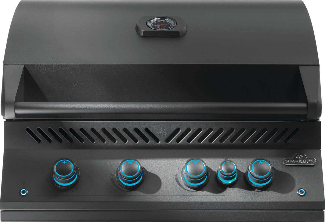 built-in gas grill with infrared burner, featuring four control knobs and a sleek matte black design.