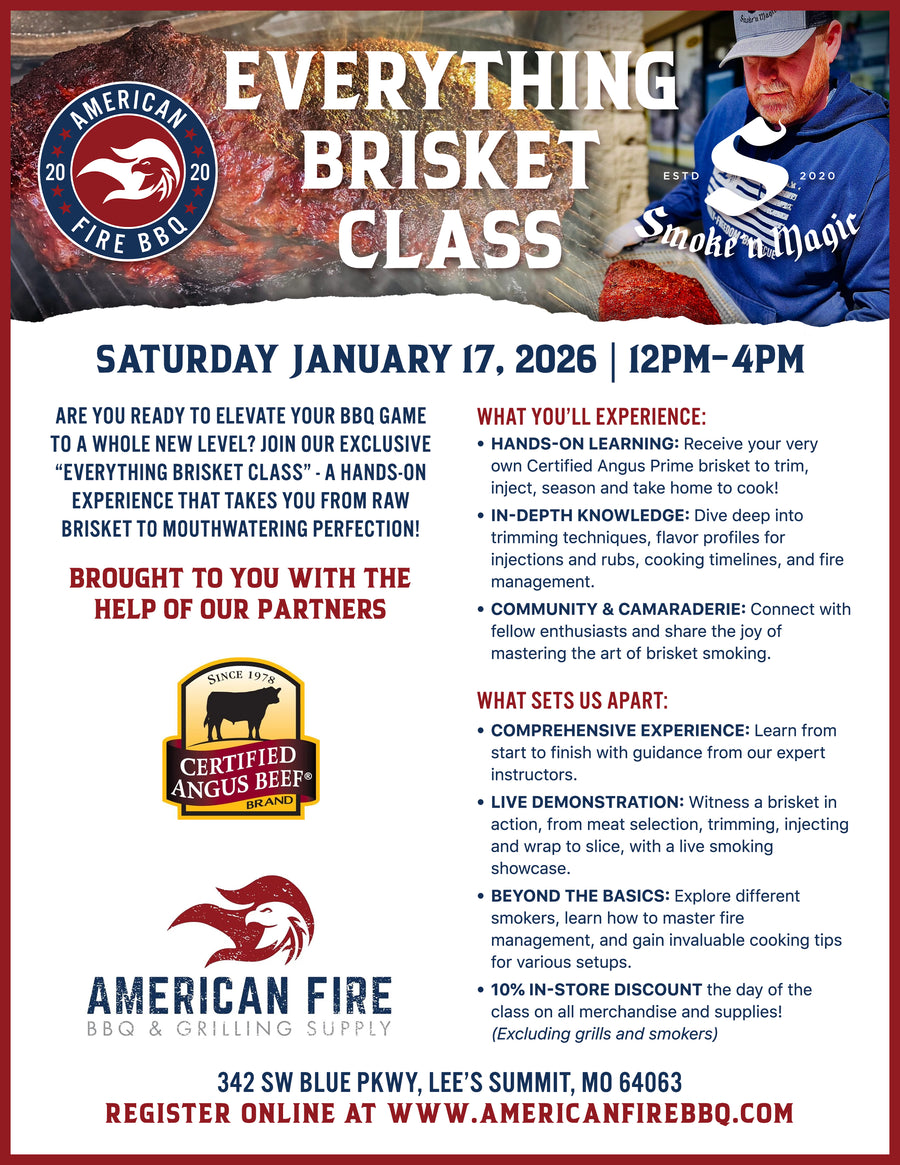 Advertisement for 'Everything Brisket Class' event with promotional details and branding.