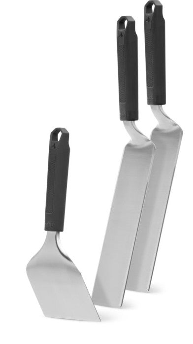 3-piece griddle starter set featuring stainless steel spatulas and scraper for versatile cooking.