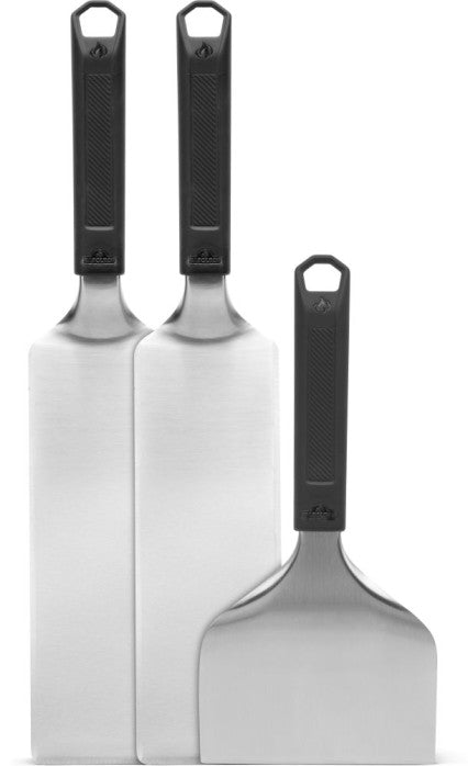 3-piece griddle starter set featuring stainless steel spatulas with ergonomic handles for griddle cooking.