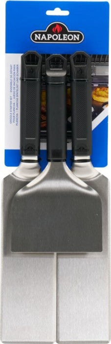 Napoleon Griddle Starter 3-Piece Set with stainless steel spatulas and sturdy scraper for versatile griddle cooking.