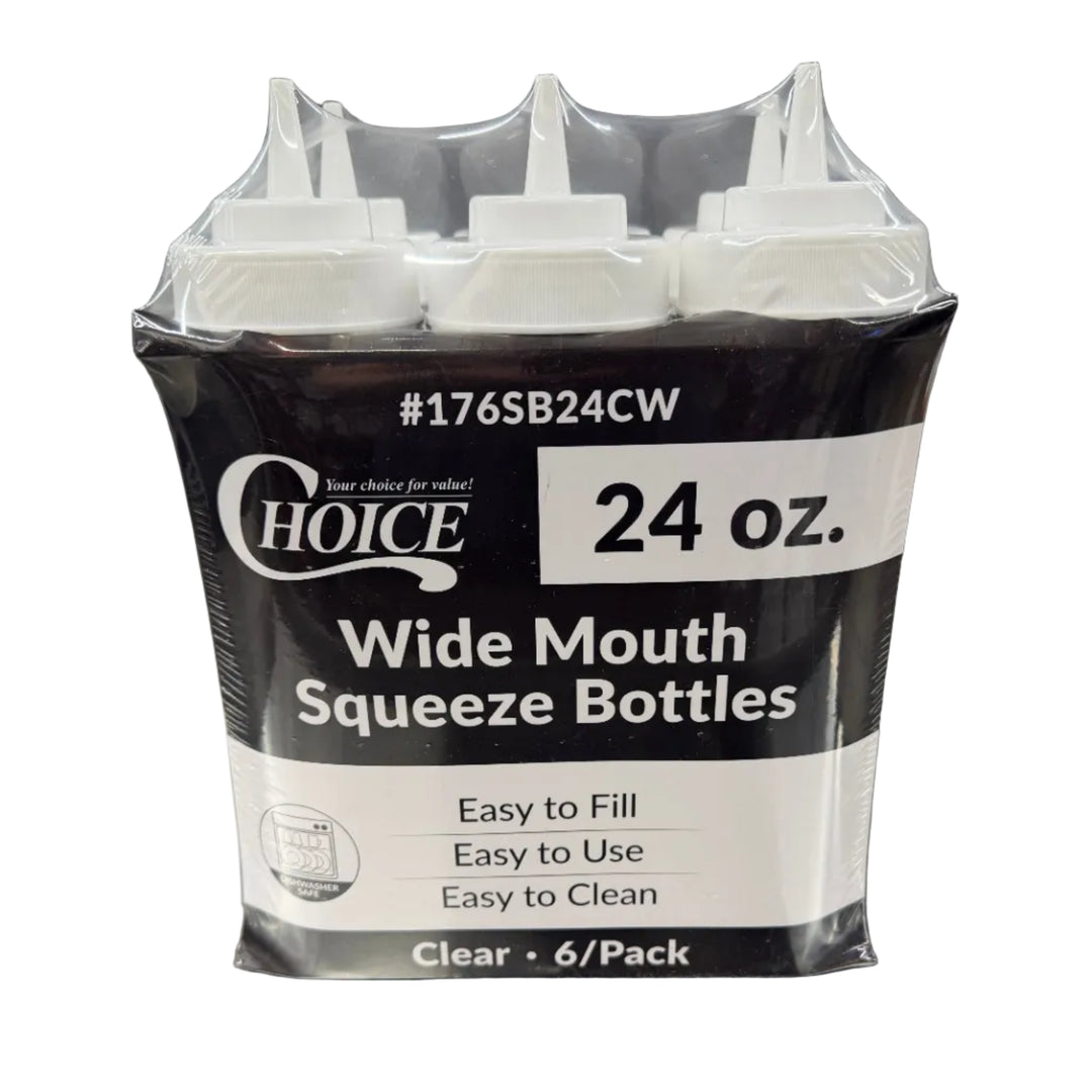 Packaging of Choice wide mouth squeeze bottles with a label on a reflective surface.