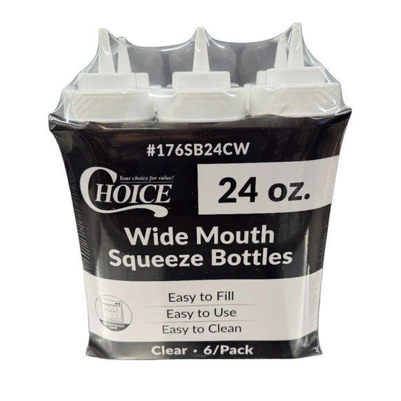Packaging of Choice wide mouth squeeze bottles with a label on a reflective surface.