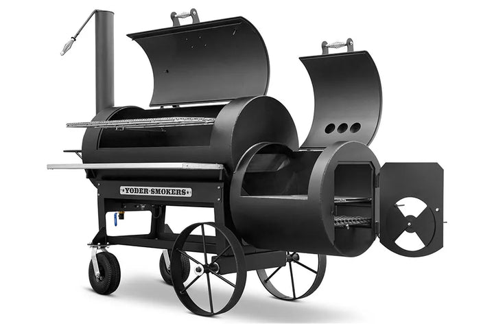 Yoder Smokers 24 inch offset smoker featuring dual chambers and adjustable airflow control.