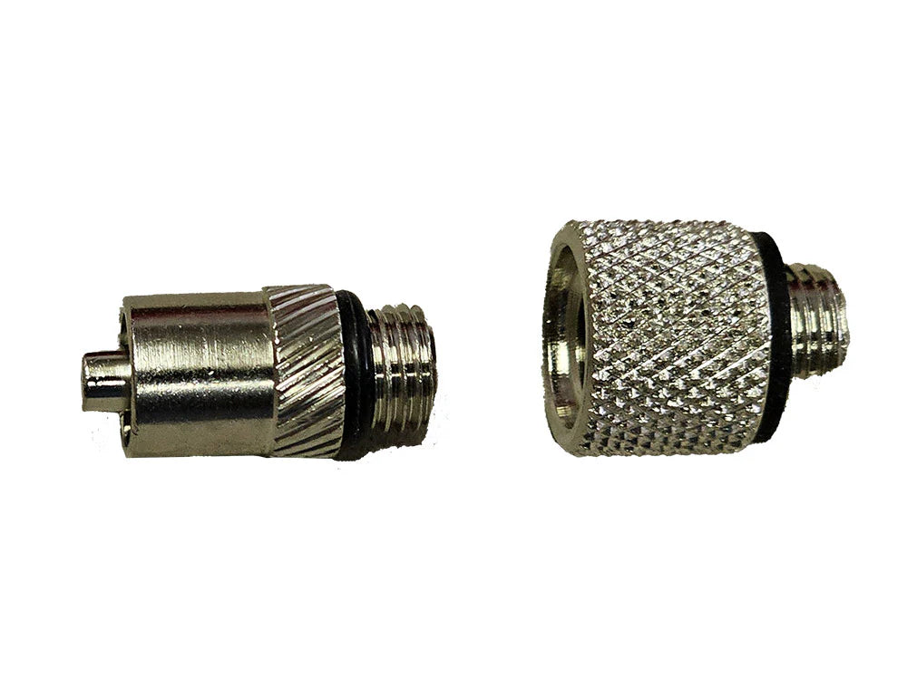 Metallic coaxial cable connector on a white background