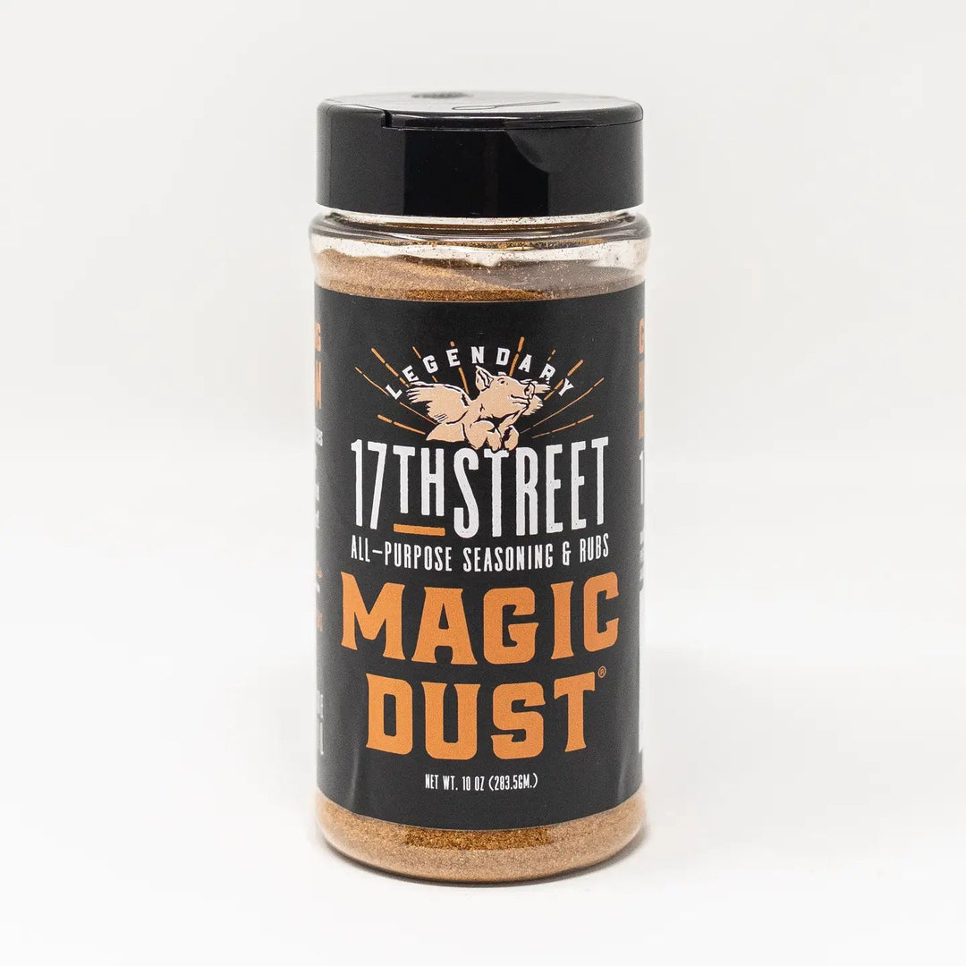 Jar of 17th Street Magic Dust seasoning on a white background