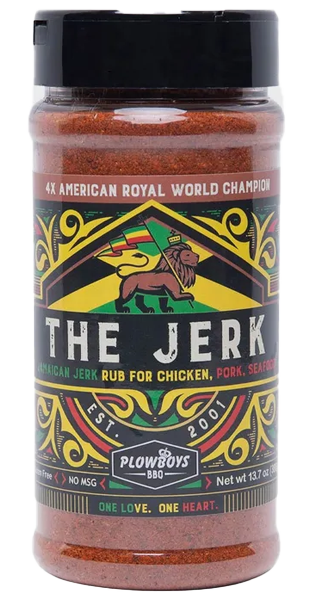 Jerk seasoning container with colorful label on a white background