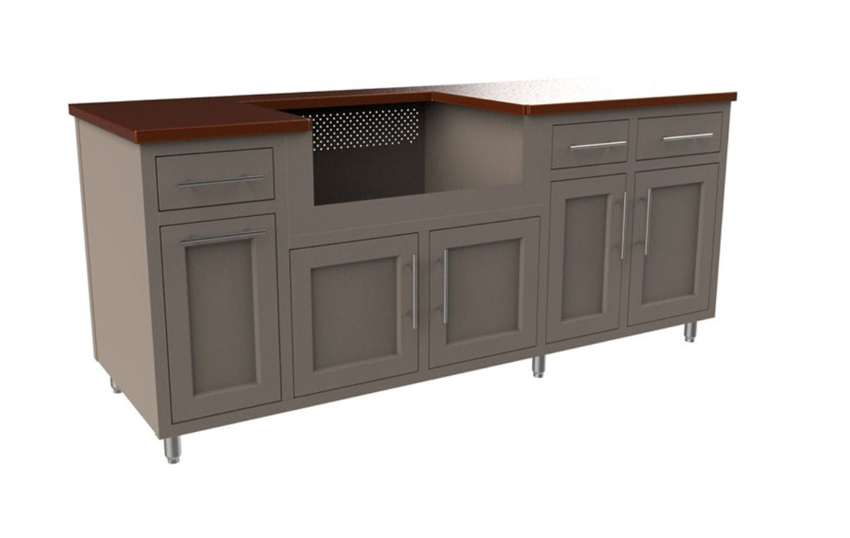 A rendering of a gray kitchen island with multiple cabinets, drawers, and a countertop.