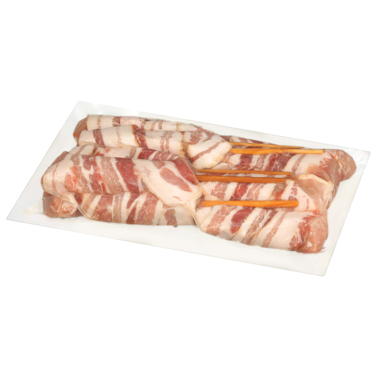 Raw bacon wrapped pork skewers prepared for grilling or barbecue appetizers