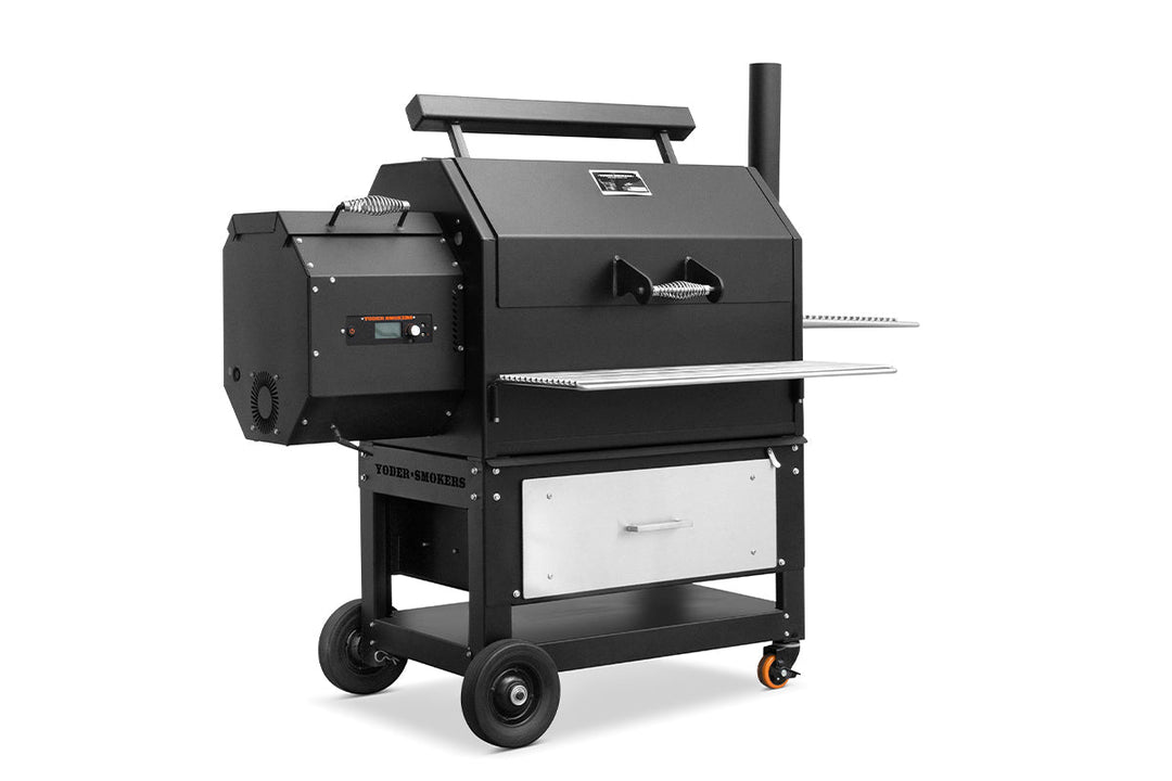 Black barbecue grill on wheels with a white background