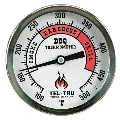 Tel-Tru Barbecue Thermometer, 3 inch aluminum dial BQ300, 2-1/2 inch stem, RED zones